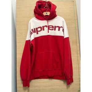 FLAW Supreme Color Block Hoodie Red White Logo Hooded Sweatshirt Mens XL
